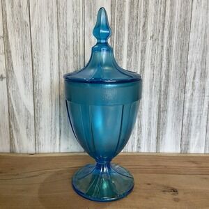 VINTAGE CELESTE BLUE IRIDESCENT STRETCH GLASS  COVERED CANDY JAR FENTON??